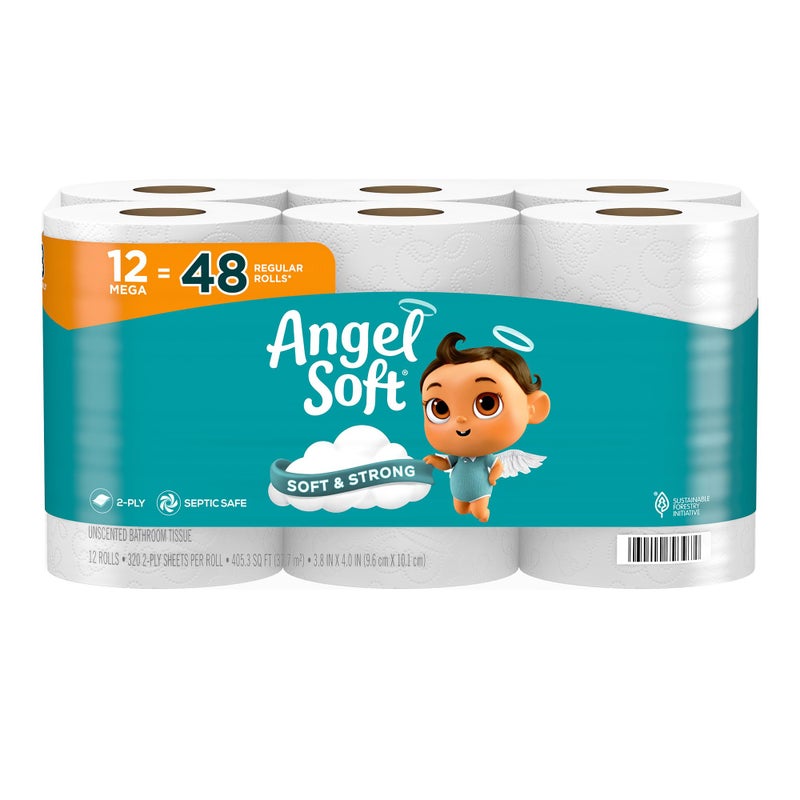Angel Soft Toilet Paper  12 Mega Rolls = 48 Regular Rolls  Soft and Strong Toilet Tissue - Image 1